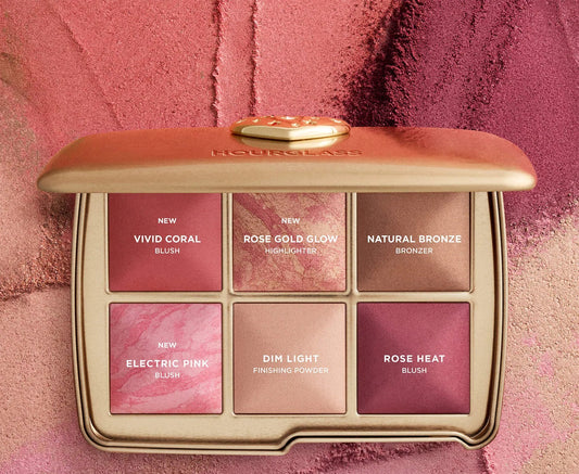 Оттенки палетки Hourglass Love 2026: Vivid Coral, Rose Gold Glow, Natural Bronze, Electric Pink, Dim Light, Rose Heat